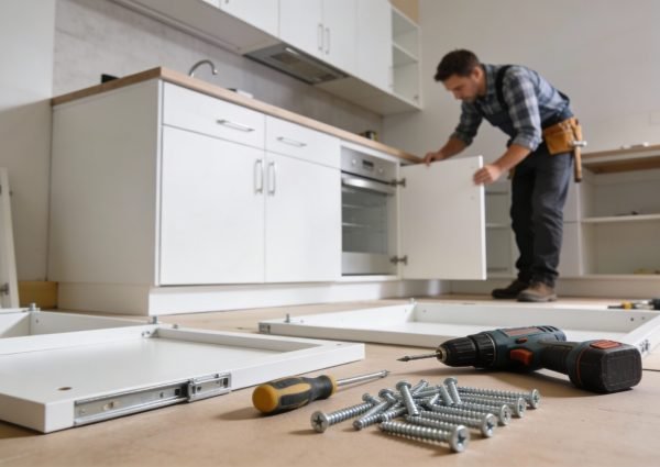 Male carpenter assembling kitchen cabinets in modern home, tools screws and drill on floor for renovation workflow, focused DIY mood for home improvement and spring cleaning