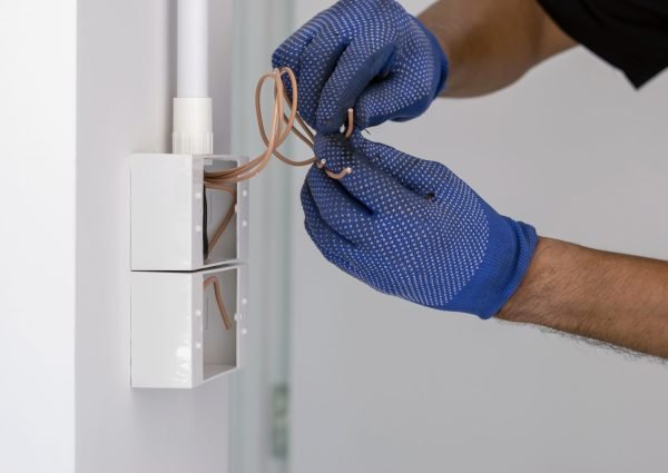 The electrician wears blue gloves, is using an electric cable cutter knife to install the plug and power switch on the wall.